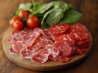 Sliced meats and vegetables on a wooden board