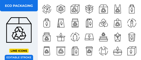 Eco Packaging Line Icons Set. Recycle, sustainable, organic, and biodegradable package symbols. Editable stroke vector.