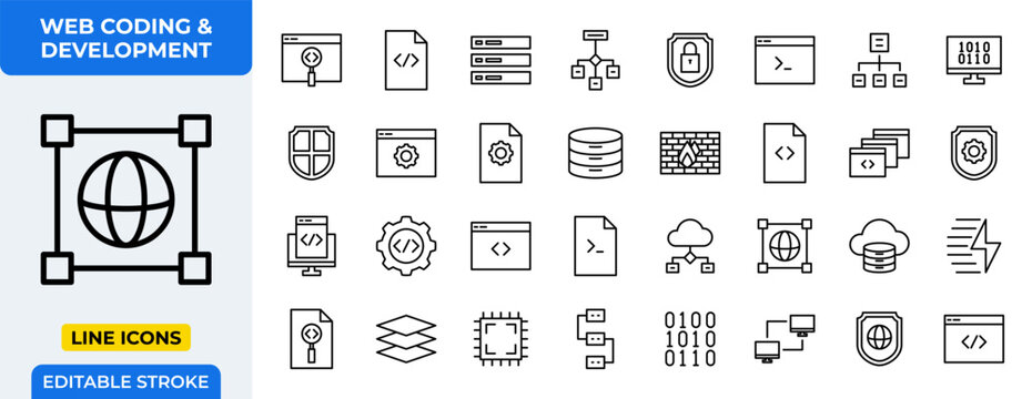 Web Coding & Development Line Icons Set. Programming, database, security, and network symbols. Editable stroke vector.