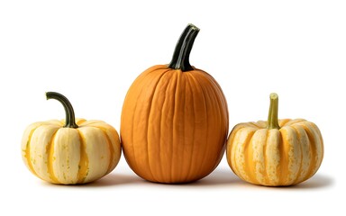 Fototapeta premium Three Fall Harvest Vegetables Pumpkins and Gourds on a White Background Still Life