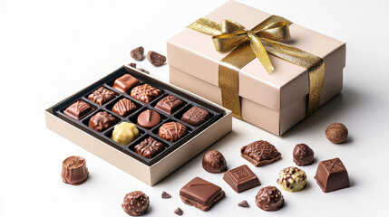 Delightful chocolate gift box filled with assorted chocolates, elegantly presented with golden ribbon. Perfect for celebrations or as sweet surprise for loved ones