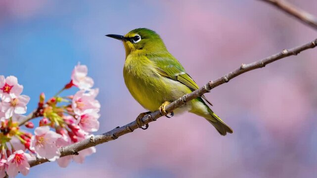 Close up of a vibrant green and yellow bird on a branch, Beautiful green and yellow bird perched on a cherry blossom branch, Small, colorful bird with pink flowers in a natural setting, Detailed image