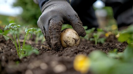 A gloved hand harvests a freshly dug potato from rich soil