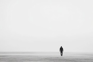 Solitary Figure Walking Across a Vast Foggy Plain