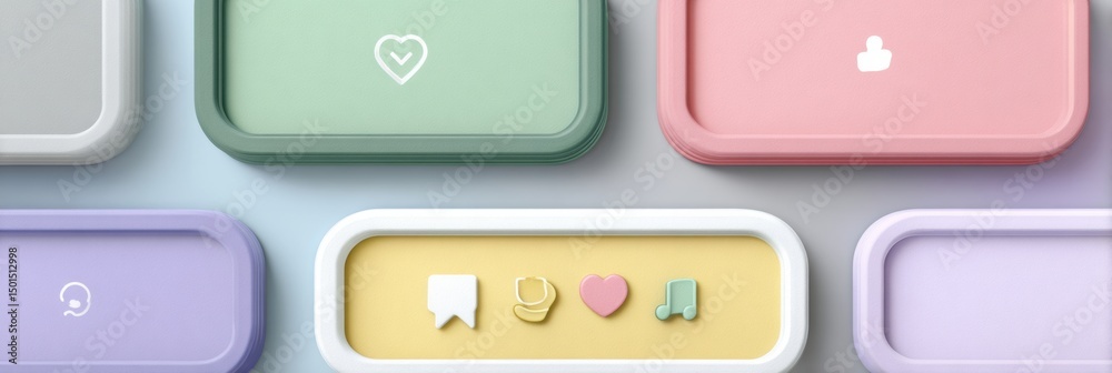 Poster pastel sticker mockup featuring rounded corners and various icons ideal for creative design projects