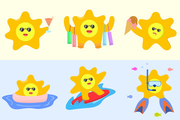 set of sun. cartoon sun character chilling with summer vibes—drinks, shopping, ice cream, surfing, swimming, and diving. collection of cartoon sun character. 