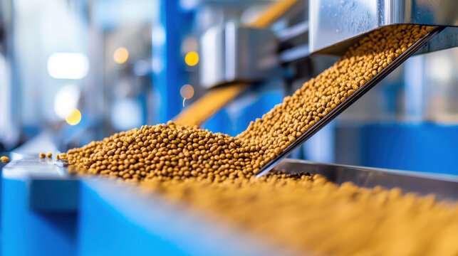 Pet food extruding process showcasing golden pellets flowing from machine, highlighting production of high quality pet food