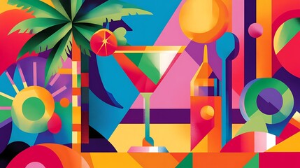 Colorful abstract design featuring a cocktail and tropical elements.