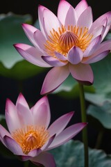 Two beautiful pink lotus flowers in close-up.