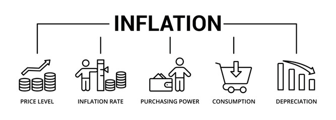 Inflation banner icon with price level, inflation rate, purchasing power, consumption, depreciation