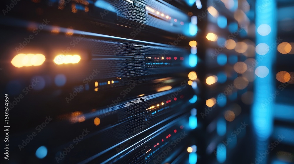 Poster Detailed close-up of server racks with orange and blue indicator lights, ideal for visuals on cloud services, secure data systems, or advanced computing environments