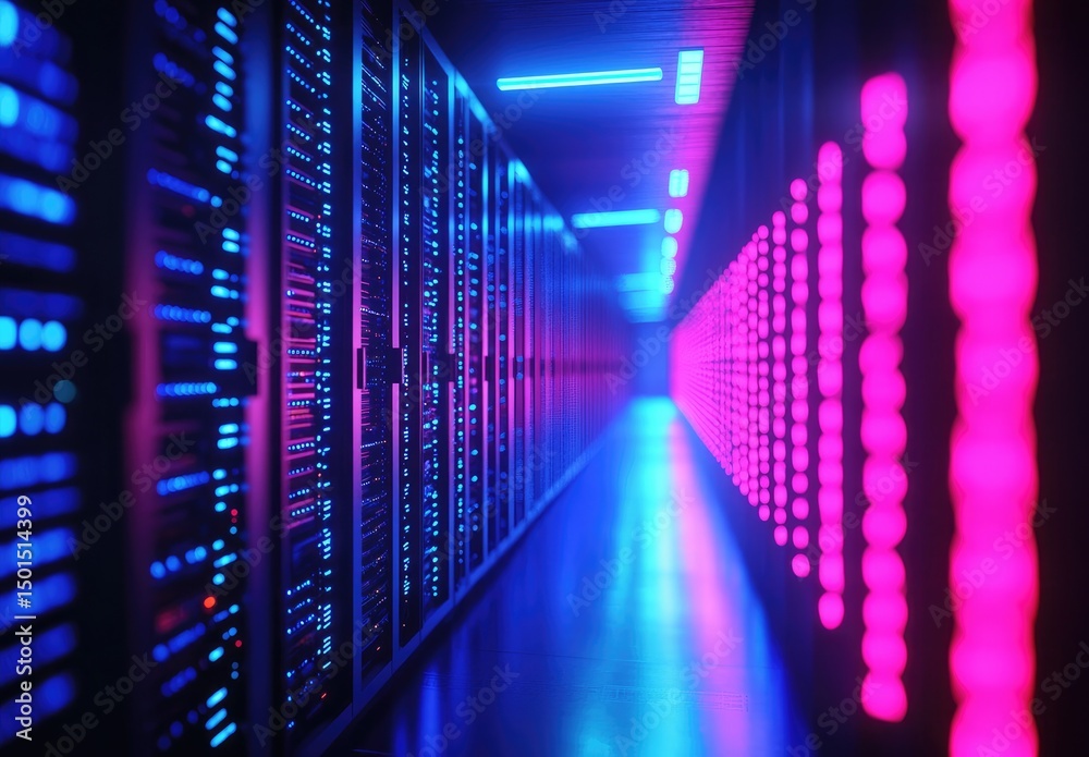 Poster bright neon-lit server hallway featuring vivid pink and blue leds on both sides, ideal for visuals o