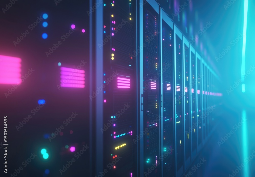 Aufkleber Neon-lit server room with rows of glowing data cabinets and colorful LEDs, ideal for illustrating cloud computing, big data centers, and secure digital infrastructure