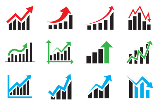 Up and down graph chart vector icon set. growth increase and decrease sign. economy rise and decline symbol. upward or downward trend bar chart icon. profit and loss statistics.