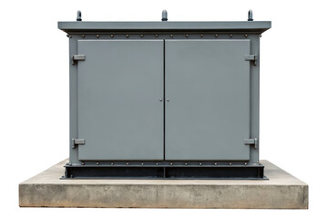 Outdoor electrical transformer box on a concrete pad isolated with transparent background