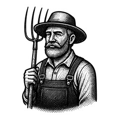 Obraz premium Black And White Illustration Of A Farmer With Pitchfork
