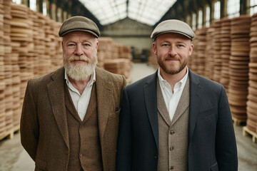 Traditional craftsman and modern worker showcase woodworking skills in a factory filled with wooden materials