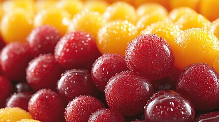 Close-up of red and yellow fruit, likely plums or cherries, covered in water droplets