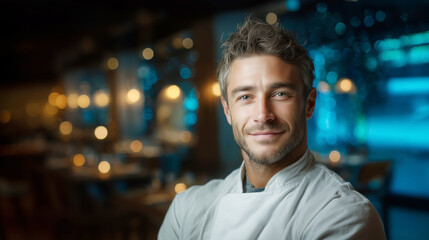 A skilled cook stands proudly in a lively restaurant kitchen, warmly smiling as he showcases his passion for culinary arts.