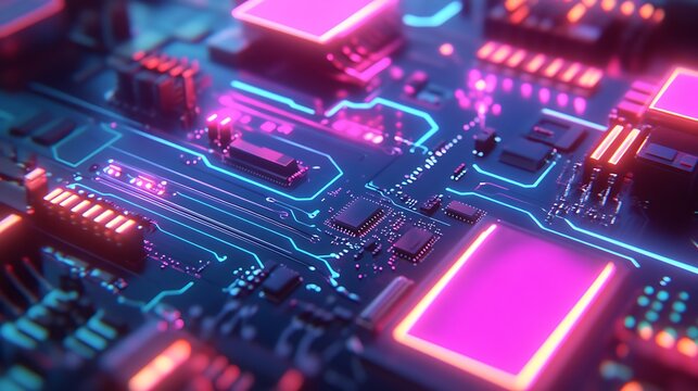 Close-up view of a circuit board with glowing components.
