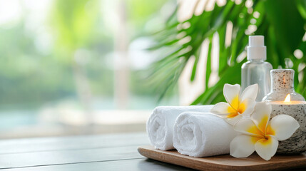 Tranquil spa setting featuring rolled towels, glass bottle, and candle, complemented by fresh flowers and greenery