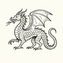 Intricate mythical dragon line art.