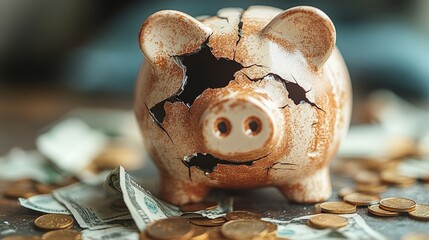 A cracked piggy bank shows loose change, symbolizing financial hardship and unexpected costs
