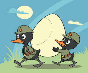Two Cartoon Duck Soldiers Carrying Egg