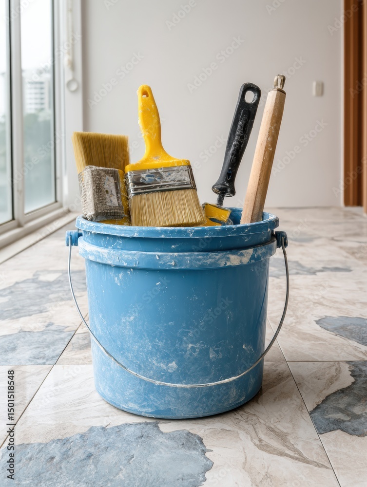 Poster tools and materials for tile adhesive work on construction site, including brushes and buckets on fl