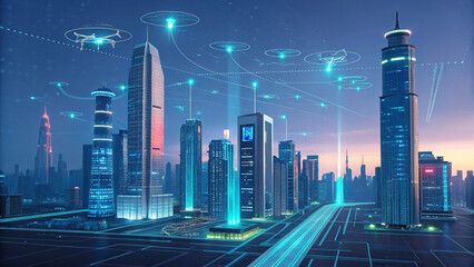 Smart city drone delivery network futuristic cityscape