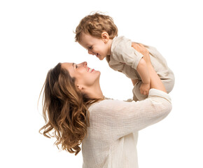 A loving mother lifts her giggling baby up into the air, sharing a beautiful, happy moment.