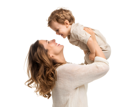 A loving mother lifts her giggling baby up into the air, sharing a beautiful, happy moment.