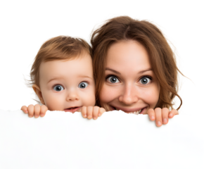 Mother and baby with surprised expressions, looking over a white surface, filled with joy.