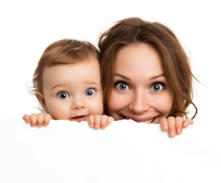 Mother and baby with surprised expressions, looking over a white surface, filled with joy.