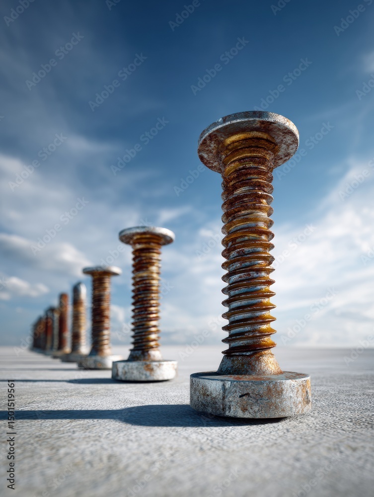 Aufkleber construction anchor bolts arranged on a flat surface under a light sky, highlighting the importance 