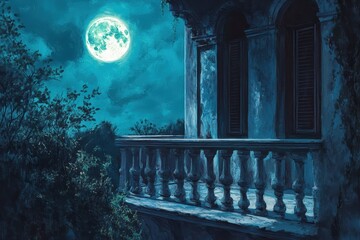 Moonlit Balcony Of An Old Stone House At Night