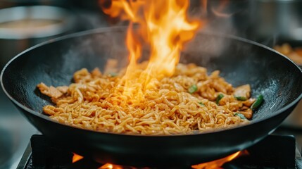 Stir-fried noodles with vegetables and meat are being flambeed in a hot wok over a stove flame.