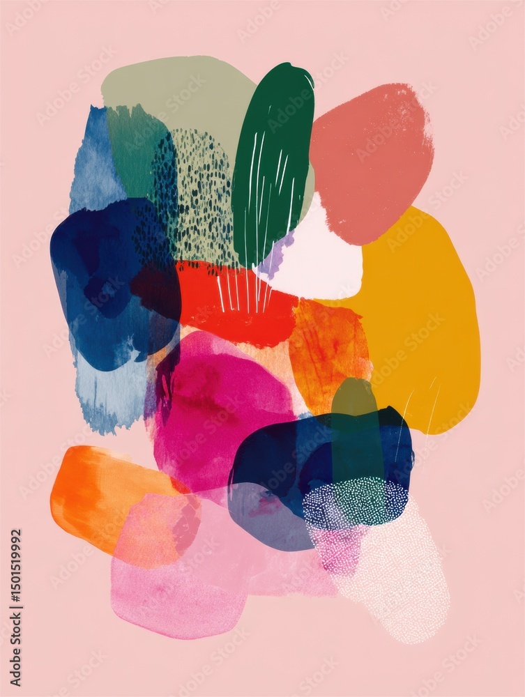 Poster Colorful Abstract Shapes Layered on Soft Pink Background Create a Vibrant, Dynamic Art Piece Suitable for Modern Decor