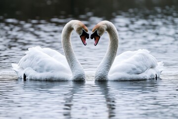 Obraz premium Two elegant swans gracefully curve their necks to form a heart shape in a calm lake at twilight. The tranquil water reflects their beauty, enhancing the romantic scene