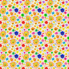 Childlike Sun and Stars Smiling Seamless Pattern

