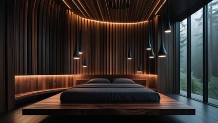 Modern, dark, wood-paneled bedroom with a floating bed.  Large windows showcase a foggy forest view.  Dark, pendant lighting illuminates the space