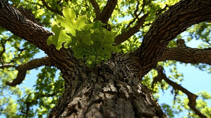 Naklejka premium Low-angle view of a large oak tree's trunk and branches, lush green leaves against a bright blue sky