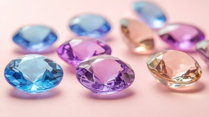 Vibrant,faceted gemstones scattered on pink backdrop