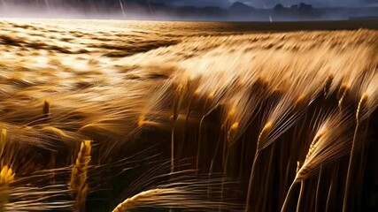 Golden wheat field swaying in the wind during a downpour with heavy rain and dark storm clouds approaching from afar - Powered by Adobe