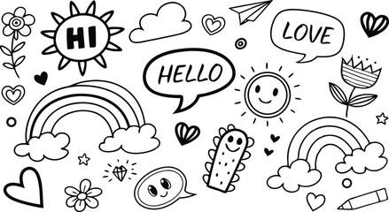 cute hand drawn doodle vector set,a seamless vector doodle illustration in black and white. love, Natural , firework, cloud, weather, rainbow, snow, heart and creative design vector collection.