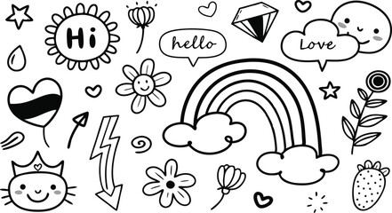 cute hand drawn doodle vector set,a seamless vector doodle illustration in black and white. love, Natural , firework, cloud, weather, rainbow, snow, heart and creative design vector collection.