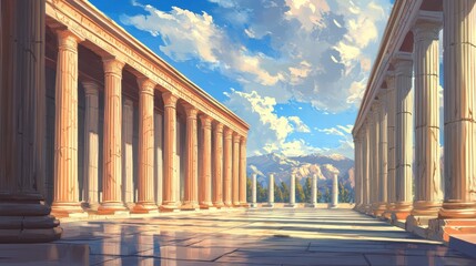 Fototapeta premium Ancient Greek Colonnade with Mountain View.