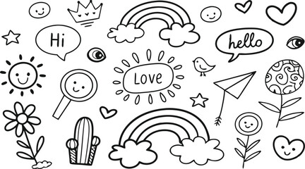 cute hand drawn doodle vector set,a seamless vector doodle illustration in black and white. love, Natural , firework, cloud, weather, rainbow, snow, heart and creative design vector collection.