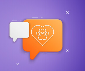 White Heart with animals footprint icon isolated on purple background. Pet paw in heart. Love to the animals. Orange speech bubble symbol. Vector