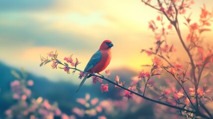 Fototapeta premium Small bird perched on blooming branch during golden hour